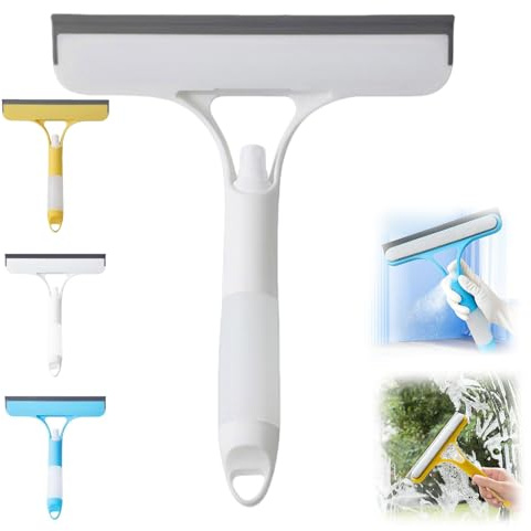 3 in 1 Window Cleaning Scraper, Window Squeegee Glass Cleaning Wiper with Brush and Built-in Spray Bottle All-Purpose Shower Glass, Mirrors, Car, Home Window Cleaner Tool (White)