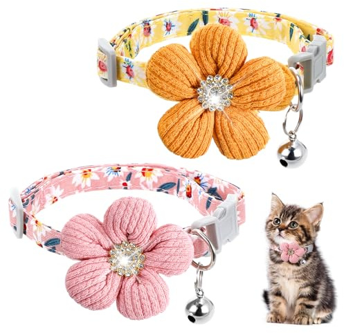 guduling 2 Stück katzen Halsbänder,Katzenhalsbänder mit Blumen,Gestrickten Blumen Katzenhalsband mit Abnehmbarer,Sicherheitsschnalle katze Halsband für Katzen und Welpen (Rosa,Gelb)
