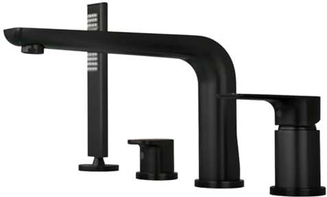 Générique Robinet de Baignoire Mitigeur Bain-Douche Noir 4 Trous avec Pommeau de Douche Extractible Et Flexible Mitigeur Monocommande avec Inverseur Mitigeur Baignoire pour Bain Et Douche