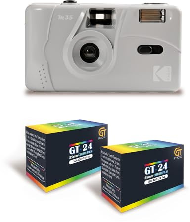 KODAK M35 - Fotocamera ricaricabile da 35 mm, obiettivo grandangolare fisso, mirino ottico, flash incorporato, colore: grigio + 2 pellicole GT24, compatibile con 24 esposizioni