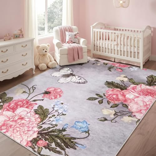 FTCJWL Waschbarer Kurzflor Teppich 80x150cm Orientalischer Teppich mit Schmetterlingsblumen - Weich & rutschfest für Wohnzimmer, Schlafzimmer, Esszimmer in Landhausstil Grau-Dekor