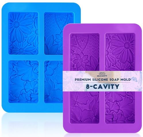 HKNMTT Silicone Square Rectangle Bar Molds Leaf Flower Pattern, 8 Cavities for Candy Soap Making Shower Steamer Homemade Bath Lotion Shampoo Bar DIY Set Non-stick Craft Food Grade 2 Pack