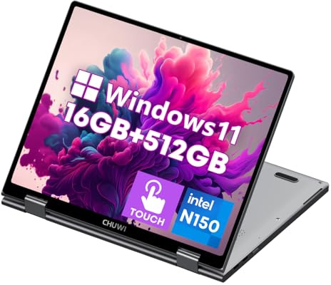 CHUWI 2-in-1 Touchscreen Laptop 10.51'', 16GB RAM 512GB SSD, Intel N150, Windows 11, Portable Mini Laptop, 2K FHD IPS Display, Backlit Keyboard, WiFi 6, BT 5.2, Camera, USB-C