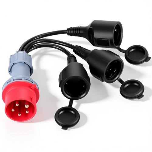Starvortex Adaptador CEE, Enchufe de 400V 16A a 3 X 230V Conector Schuko | Adaptador CEE con Tapa y Enchufe con Contacto de Seguridad, Cable Enchufe IP44 para Camping Caravanas, Industria y Exteriores