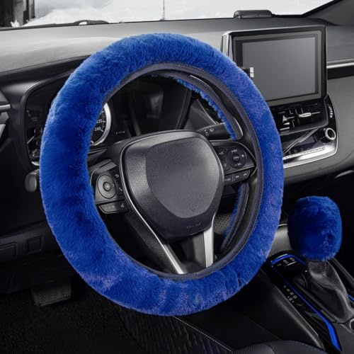 Lenkradabdeckung, 38cm Universal Lenkradbezug Auto Fell, Plüsch Winter Lenkradbezug, Breathable Anti Slip, Weich Bequem und Geruch frei Auto Zubehör (Blaues 2-teiliges Set)