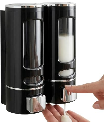 KAGEYMB Dispensador de Jabón Pared 400ml x 2, Dosificador Jabon Baño Manual, Dispensador de Champú y Gel para Ducha, Dosificador para Champú Adhesivo/con Tornillos para Baño Cocina - Negro