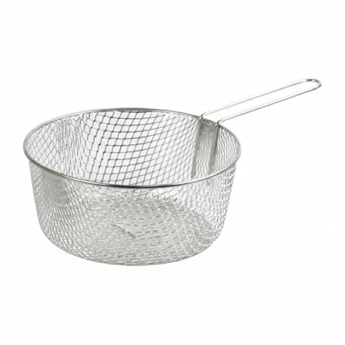 PEBBLE HUG Long Handle Metal Chip Deep Frying Basket, Stainless Steel Fry Basket for Chips & Snacks, Heavy Duty Mesh Oil Strainer Basket for Home & Commercial Kitchen, Long Lasting, (9 Inch)