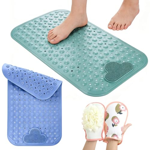 JOYBOY Alfombrilla Ducha Antideslizante, 2pcs Alfombrilla Bañera (70x40 cm) con Ventosas y Orificios, Material TPE, Color Azul/Verde, para Bañeras y Baños con Guante de Baño