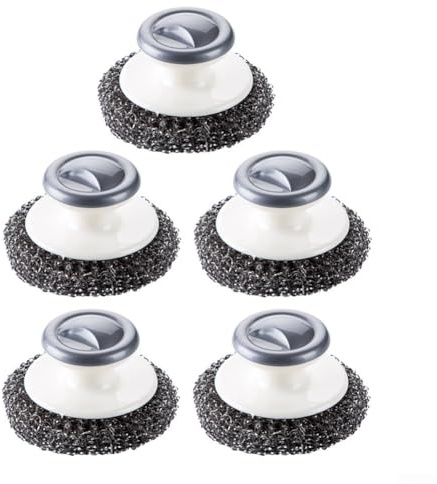 5 cepillos de acero inoxidable antiarañazos con mango ergonómico, PP y estropajo de metal para ollas, sartenes, limpieza de cocina