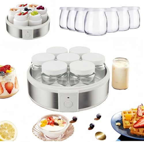 Yogurtiera da 25W, Macchina Automatica con 7 Vasetti di Vetro da 180ml (1,26L), Temperatura Regolabile e Timer da 48H, per Dessert Freschi e Sani Fatti in Casa