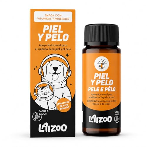 LAIZOO Snack för hud och hår hundar och katter | Näringstillskott med vitaminer och biotin | Glans och pälsvård | 60 tabletter Bacon smak