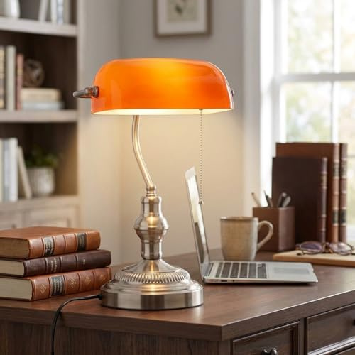 BARCELONA LED Lámpara de Mesa Banquero Vintage Pantalla de Cristal Naranja E27 Luz Escritorio Base Metal Níquel Satinado Ajustable Estilo Nórdico Industrial Clásico para Oficina Biblioteca Hogar
