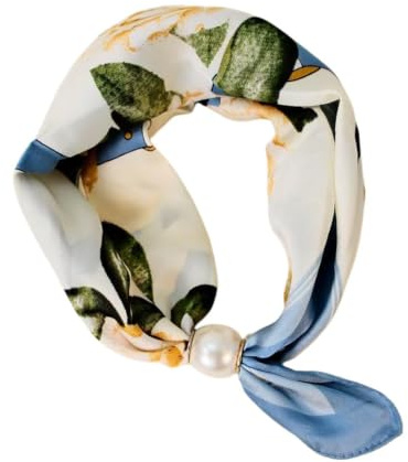 Exylosluxek Silk Scarf Cremeweiß, Seidenschal Damen 100 Seide, Modischer Schmaler Seidenschal mit Blumenmuster und Perlendetail, 48 x 13 cm