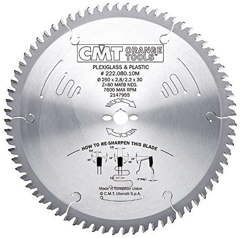CMT Orange Tools 222.080.10M - Kreissägeblatt für Plexiglas und Kunststoff HW D=250x2.8/2.2x30 Z=80 MATB NEG