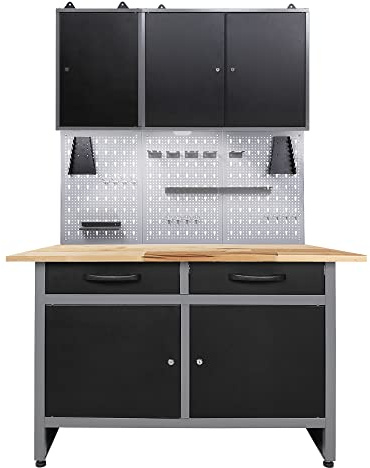 Ondis24 Werkstatteinrichtung 4 teilig & LED Beleuchtung Werkstatt aus: Werkbank, 2 x Werzeugschrank, Euro - Lochwand mit 22 Haken