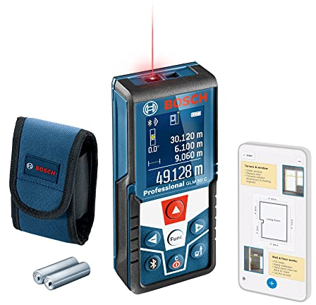 Bosch Professional Metro Laser Distanziometro Laser GLM 50 C (trasferimento dati Bluetooth, sensore di inclinazione a 360°, misurazione: 0,05 – 50 m, 2 pile a stilo da 1,5 V, custodia protettiva)