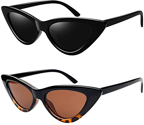 Joopin 90er Katzenauge Sonnenbrille Damen Polarisiert und Günstige Damen Sonnenbrille Braun UV400 Dreieck Brille Cateye Klassisch Doppelpack (Schwarz und Leopard)