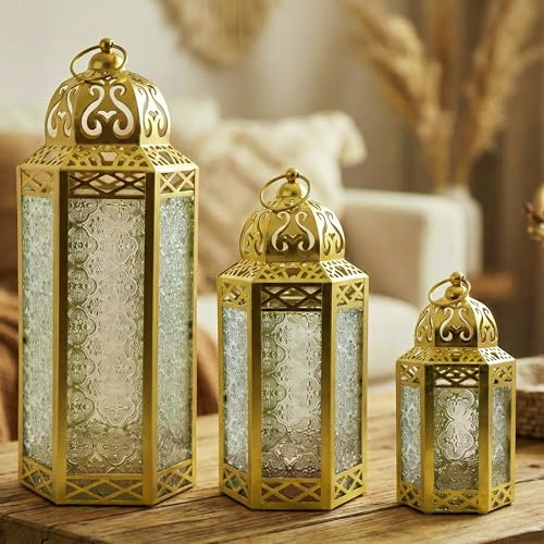 Moroccan Style Gold Candle Lanterns, Clear Glass, Set of 3