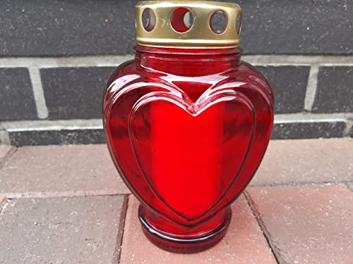 Grabkerze Trauerlicht Herz Form rot Gedenkkerze Grablampe Glas ca. 18cm hoch inkl. Zündhölzer