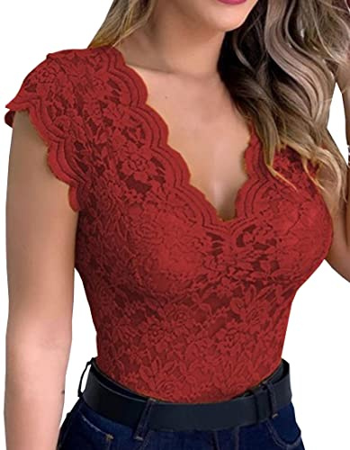 PANOZON Mujer Camiseta de Encaje sin Mangas Top Elástico Cuello V Sexy Camisola Cami Casual (X-Large, Rojo)