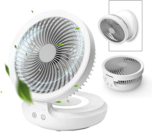 EDON Rechargeable Battery Operated Desk Fan With Auto Oscillation, 90° Foldable, Ultra Quiet 4 Speeds Light, Portable Air Circulator With Hook, Wall Mounted for Bedroom Home Desktop