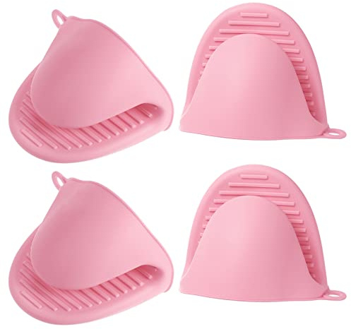 sourcing map 4pcs Thickened Mini Oven Gloves, Heat Resistant Silicone Oven Mitts Finger Pinch Grips Pot Holder for Kitchen, Cooking, Baking, BBQ Heat Resistant Gloves, Pink