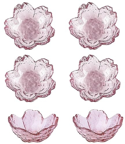 JJQHYC 6 Pieces Dipping Bowls, Small Sauce Dishes, Tea Bag Holder Dish, Pink Glass Dip Bowls Sakura Shaped Sushi Soy Sauce Dishes