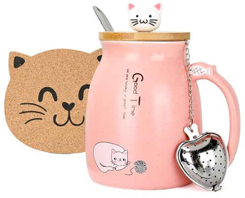 Thuro Katze Becher,Kaffeetasse mit deckel,Löffel,Teefilter und Untersetzer,Niedliche Morning Cup Kaffee-Milch Tee-Becher Weihnachten Geschenk für Katzenliebhaber Frauen