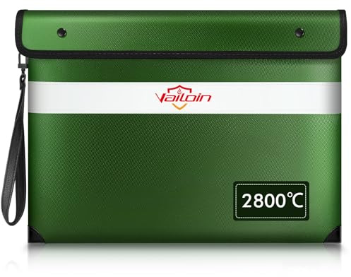 Vailoin 2800℃ Feuerfeste Tasche mit Reißverschluss, Dokumententasche Feuerfest Wasserdicht,Geldtaschen Banktasche,Dokumentenkoffer Aktentasche für Dokumente,Passport(34x28cm,Grün)