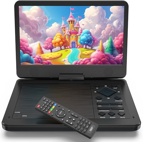 12.5 Portable DVD Player with10.1 HD IPS Screen for Kids,Car DVD Player with Headrest Mount, 360° RF Remote Control, 2 Earphone Jacks, 5h Battery, Support CD/DVD/SD Card/USB，Region Free [Black]