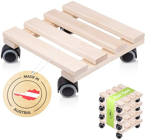 LUNA® Pflanzenroller eckig 4er Set - massives Buchenholz 100kg Traglast - Rollbrett Pflanzen - Blumenroller - Pflanzen Rollbrett - Blumentopf Untersetzer mit Rollen - 25x25cm - Made in Austria