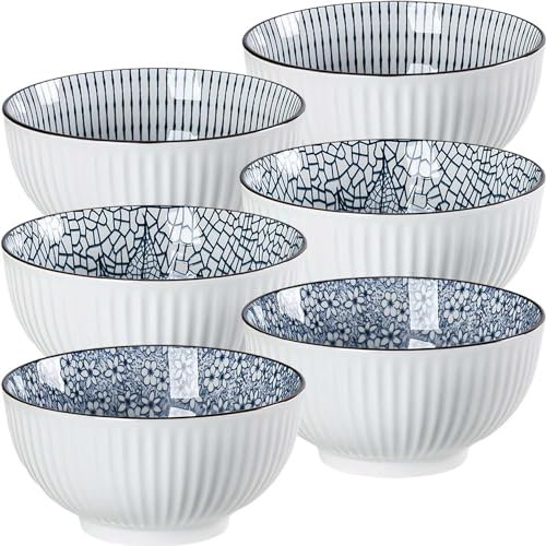 QINLANG 6 Inch Blue and White Porcelain 30 oz Bowls Set of 6 for Soup, Cereal, desserts, ice cream and Rice - Mixing Pattern