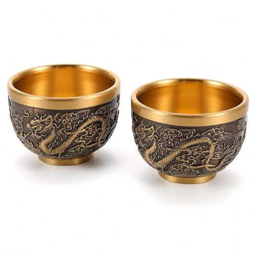 LOGOFUN 2 tazas de té de cobre chino Kung Fu, taza de té con patrón de dragón vintage, taza de degustación de té, tazas de té chino en relieve para suministros de oficina en casa