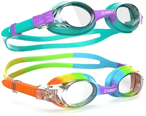 ZABERT 2 Pack K20 Kids Swimming Goggles, Swim Goggles for Kids Toddler Youth Boys Girls Junior Jr Childrens Child Little Baby Age 3 4 5 6 7 8 9 10 Years Anti Fog Rainbow Teal Purple