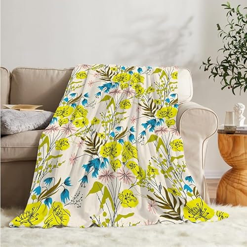 Flanell Wohndecke Kuscheldecke Gelb Blumen 220x240 Große, Anlage Sofa Decke Weiche mit Motiv, Microfaser Fleecedecke Plaid Decke Wohnzimmer Couch