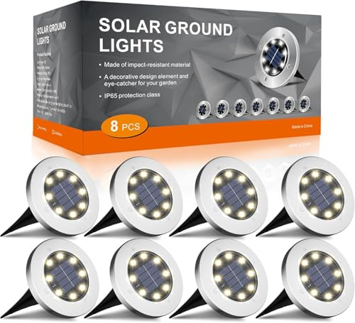 FLOWood Solar Bodenleuchten Aussen 8 Stück, 8 LEDs Solarleuchten für Garten Außen, Wasserdicht Edelstahl Solarlampen für Außen mit Kunststoff für Deck, Gehweg, Rasen, Hof, Warmweiß