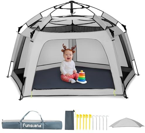 Funsland Laufstall Baby Faltbar, 8S Pop up Zelt Kinder, Laufgitter Baby mit Belüftungsnetz und Sonnendach, 3-4 Personen,Tragbar Playpen Indoor Outdoor Für Strand, Park, Camping, Garten, Grau
