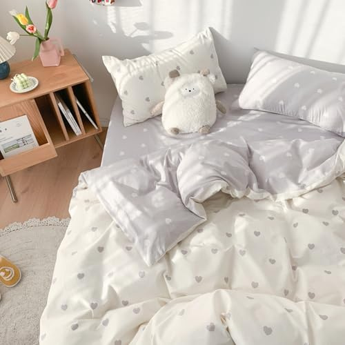 Freyamy Herz Bettwäsche 135x200 4teilig Grau Weiß Herzen Bettwäsche Set | Aesthetic Bettwäsche Mädchen, Microfaser ÖKO-TEX Bettwäsche-Sets, 2 Bettbezug mit Reißverschluss und 2 Kissenbezug 80x80cm
