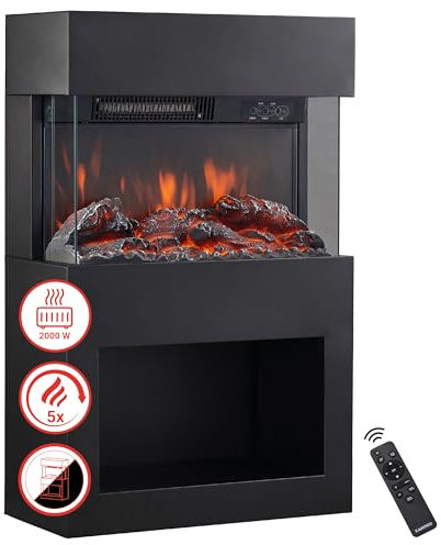 KAMINIO Camino elettrico HENRI - Stufa elettrica con riscaldamento, effetto fiamma 3D, vano portalegna, luce ambiente a LED, telecomando (Nero)