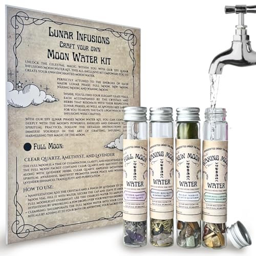 Moon Water Creation Kit | Complete DIY Set with 4 Glass Vials, Crystals & Herbs | Craft Lunar Infusions for Each Moon Phase | Wiccan, Pagan & Witchcraft Rituals | Ideal Witchy Gift & Witch Starter Kit