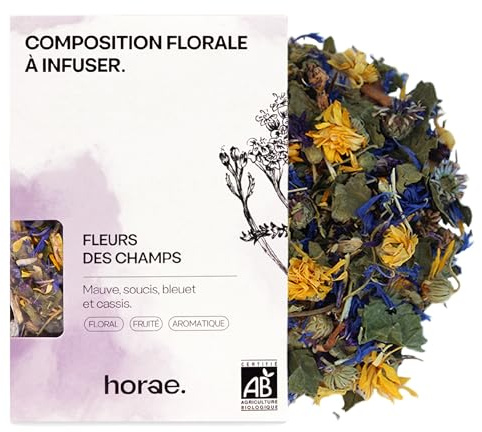 Horae - Infusion vrac bio de Fleurs des champs bio - Tisane florale de mauve, soucis, bleuet et cassis - Composition florale à infuser - Tisane d'herboristes produite en France