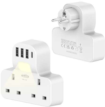 MAEZOE UK to European Plug Adapter, European Travel Plug Adaptor with 4 USB Ports for Germany, France, Spain, Greece, Turkey - 3250W, Grounded Schuko, Type E/F