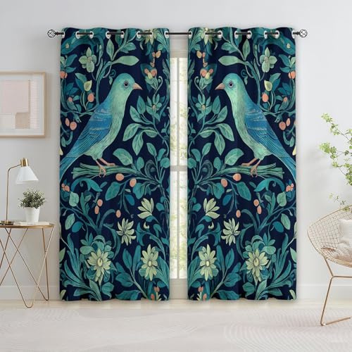 Generisch Gardinen Wohnzimmer Vorhang Blaugrün Blickdicht Verdunkelungsvorhänge 3D Druck William Morris Wald Vögel Ösenvorhang H166 x B75 cm 2Er Set Kinderzimmer Schlafzimmer Ösenschal Schallschutz