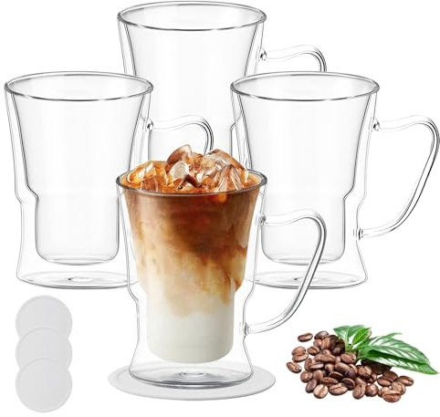 FOGAWA Doppelwandige Glas-Kaffeetassen, 350 ml, Latte-Gläser, Kaffeegläser mit Griff, Eiskaffeetasse, isolierte Glastassen, hitzebeständig, mit Untersetzern, für Cappuccino, Saft, Tee, Milch, Bier, 4