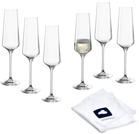 LEONARDO HOME Bicchieri da spumante PUCCINI (set da 6) con panno lucidante • calici prosecco lavabili in lavastoviglie (280 ml) • antiurto e adatti all'uso quotidiano • 040979