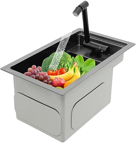 Single Bowl Sink, Black Deep Kitchen Sinks with Faucet Swivel Angle 90° Stainless Steel Kitchens Sinks with 2 Hoses For Kitchen Yard Office Bar Laundry Sink(16.9x9.8x8.7inch)