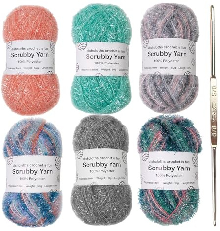 50g Scrubby Yarn for Crocheting, 6 Pieces Assorted Colors 1mm Polyester Scrubby Yarn for Crocheting Dishcloths Washcloths Crochet and Knitting Project