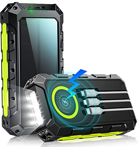 Power Bank Solaire 52800mAh, Batterie Externe avec Charge Rapide 30W PD, 3 Câbles Intégrés, 5 Sorties, 2 Entrées, Charge sans Fil, Chargeur Solaire Portable pour Smartphones, Randonnée (Vert)