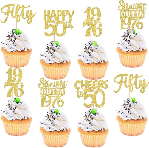 Xsstarmi 30 Pack Happy 50th Birthday Cupcake Toppers Gold Glitter Fifty Straight Outta 1976 Cupcake Picks for Cheers to 50 Years 50th Birthday Anniversary Party Cake Decorations