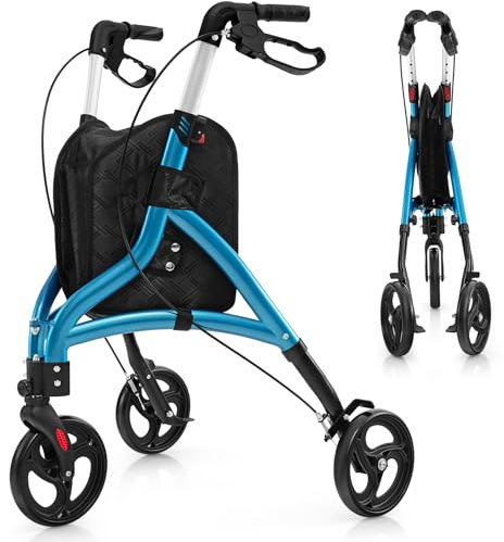 COSTWAY Déambulateur à 3 Roues Pliable en Aluminium, Rollator Hauteur Réglable en 6 Niveaux avec Panier de Rangement Charge 136KG, pour Personnes Âgées, Intérieur & Extérieur (Bleu)